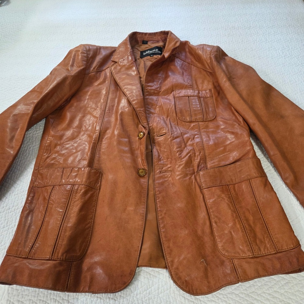 Wilsons Suede & Leather Mens 46 Vintage 70s Cognac Brown Leather Blazer Jacket